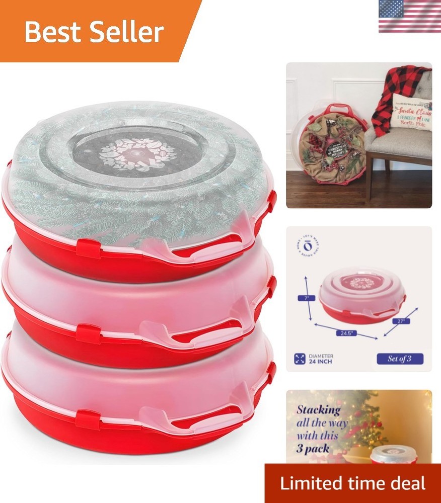 3-Pack 24 Inch Seasonal Holiday Clear Plastic Wreath Storage Containers, Red …