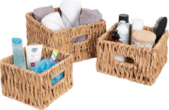 Natural Wicker Storage Baskets with Handles – Set of 3 Square Bins