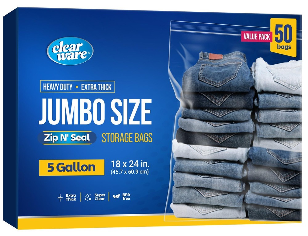 Clearware 50 Large Storage Bags With Zipper Top – 5 Gallon Bags 18 x 24, Extra