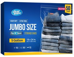 Clearware 50 Large Storage Bags With Zipper Top – 5 Gallon Bags 18 x 24, Extra