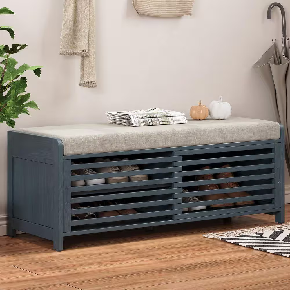 16.5 In. H X 43.3 In. W Navy Blue MDF Shoe Storage Bench with Light Gray Cushion