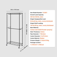 VEVOR Clothes Rack Heavy Duty Clothing Garment Rack Double Hanging Rods 300 lbs