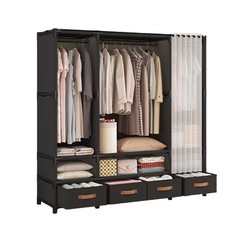 Stylish Portable Closet with 4 Drawers, 3 Rods & 6 Shelves – Black