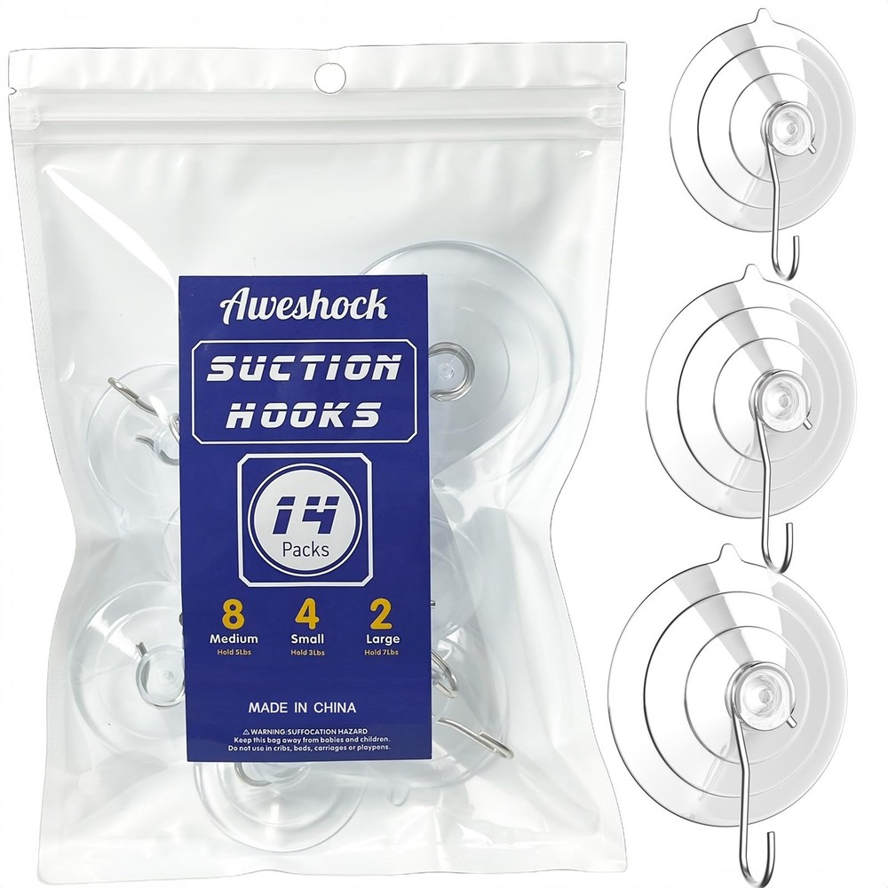 Suction Hook, 14 Packs Combo -4 Small 8 Medium 2 Large,Waterproof Bathroom Su…
