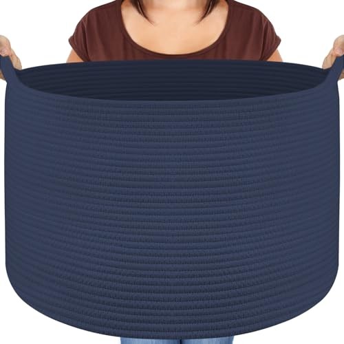 Extra Large Blanket Basket, Cotton Rope Bin for Toys, Woven Laundry H-Blue