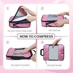 Compression Packing Cubes 4-Set Pink Zip Luggage Organizer for Travel Space