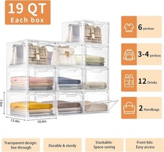 Efficient Closet Organizers: 6 Stackable Clear Bins with 19 Quarts Capacity Each