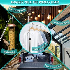 Adjustable 32-80 In Stainless Steel Long Handle Hook Pole with 2 Hooks Black