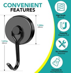 DIYMAG Black Magnetic Hooks Heavy Duty 120LBS Strong Magnets 8 Pack Swivel Hooks
