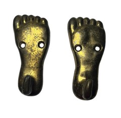 2 Small Solid Brass Foot Shaped Key Wall Hooks