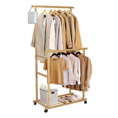 Double Hanging Rod Wooden Clothes Rack Portable Rolling Garment Rack Organizer