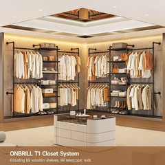 T1 Wall Mounted Closet System Industrial Pipe Clothing Rack with 6 Wooden