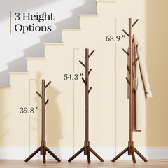 Pipishell Sturdy Wooden Coat Tree 8 Hooks 3 Adjustable Sizes For Clothes Hat