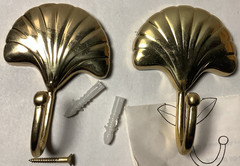 Solid Brass Clam Shell Wall Hooks Set of 2 with Hardware