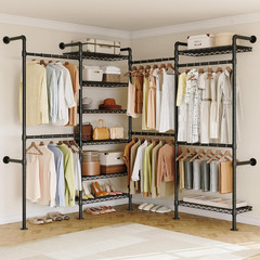L4 Wall Mounted Industrial Pipe Clothing Rack, Closet Organizer System with 6 Ha