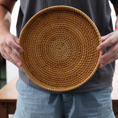 Hand Woven Rattan Serving Basket 9.45 Inch – round Platter for Fruit, Snacks, Ap