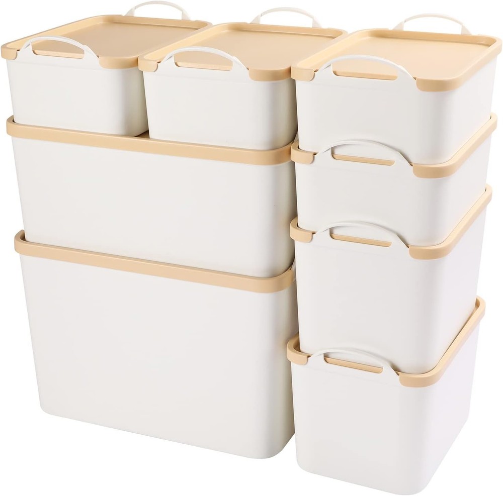 ANMINY All-in-One Lidded Plastic Storage Bins Set White Basket (8 Piece)
