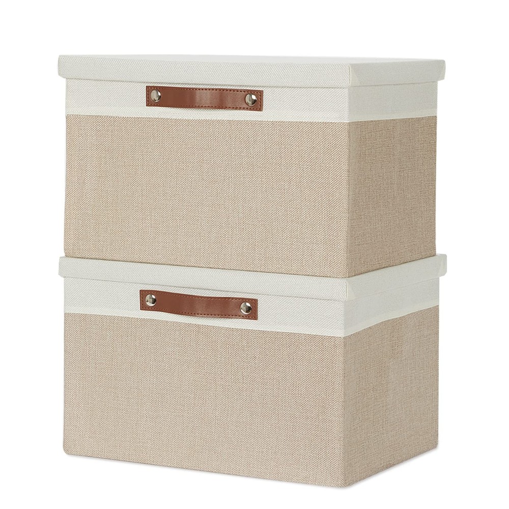 Foldable Storage Bins 2 PCS 15x11x9.5 Inch Lidded White Khaki Fabric