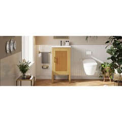 18 Inch Natural Wood Bathroom Vanity Cabinet with Ceramic Sink Adjustable Shelf