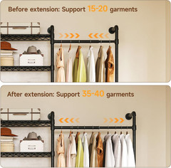 L4 Wall Mounted Industrial Pipe Clothing Rack, Closet Organizer System with 6 Ha