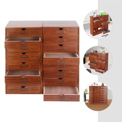 16-Drawer Wooden Storage Box (19.6”x6.89”x19.6”) VIntage Filing Cabinet US