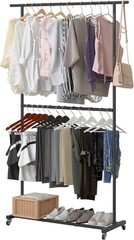 Double Rod Clothing Garment Rack, Rolling Clothes Organizer on Wheels