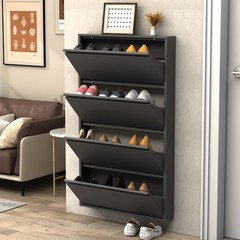 Metal Shoe Cabinet with 4 Flip Drawers, Wall Mount Shoe Organizer for Entryway