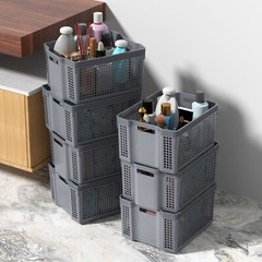 Idotry 12-Pack Large Plastic Weave Storage Basket Stackable Organizer Shelf Gray