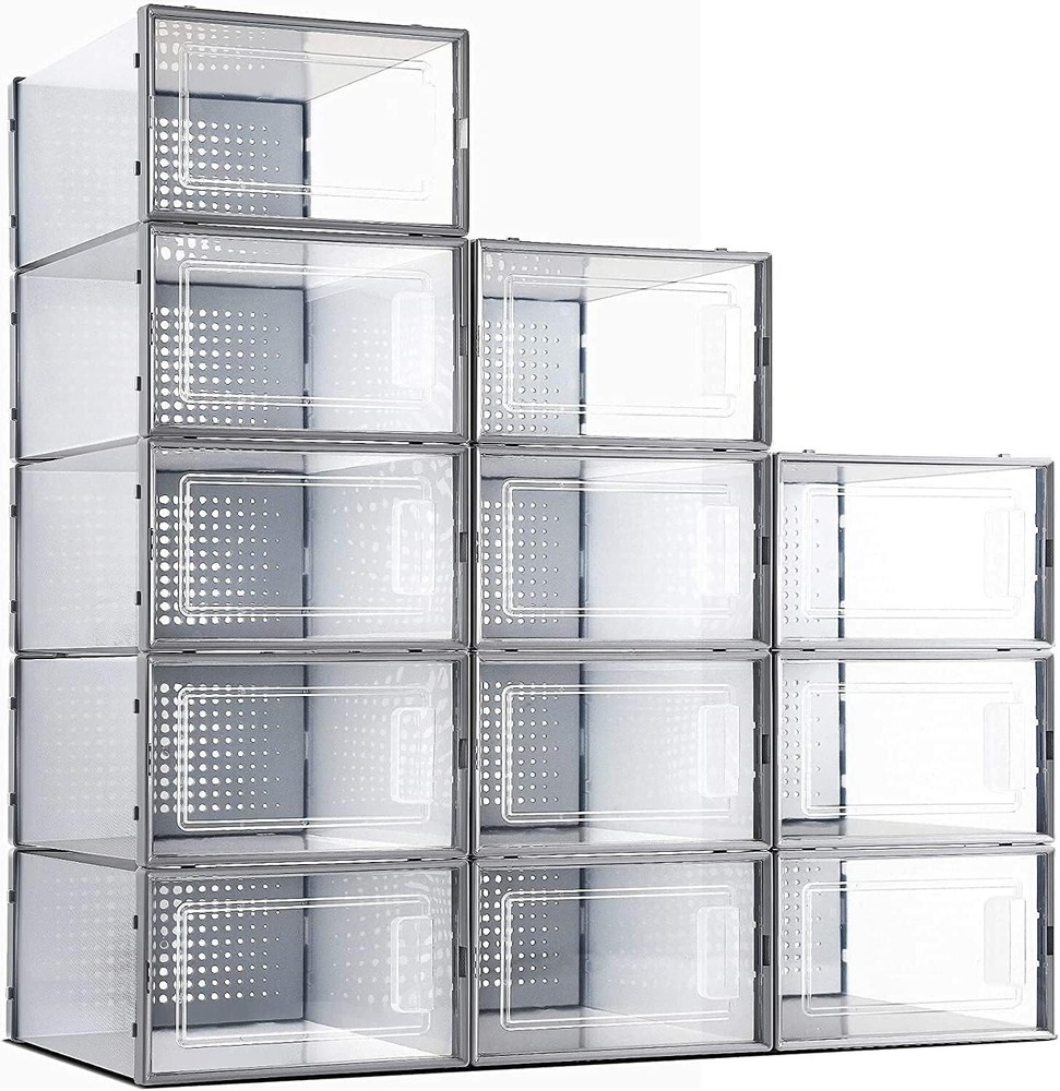 12 pc Foldable Shoe Box Stackable Clear 13.2×9.1×5.5in Shoe Storage Box Size ＜10