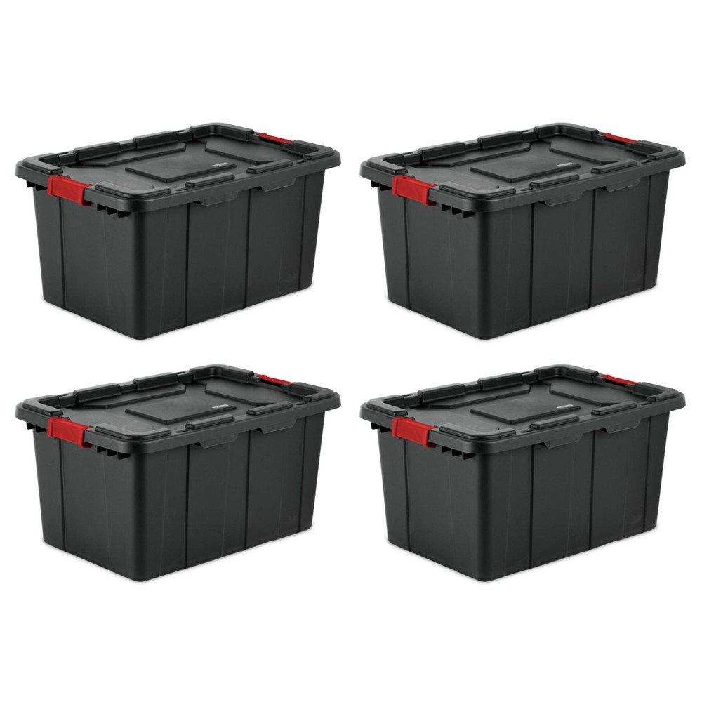 Sterilite 27 Gal Industrial Tote Stackable Storage Bin with Latching Lid, 4 Pack