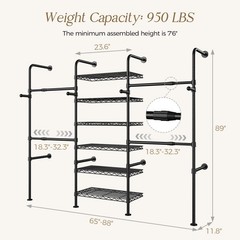 Wall Mounted Closet System, Heavy Duty 3-Row Clothes Rack, Expandable Industr…