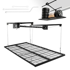 4×8 FT Overhead Garage Storage Rack with Safety Lock, Ceiling Mounted Lift Syste