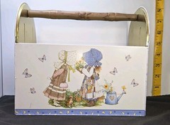Vintage Holly Hobbie Metal Tin Storage Caddy Totes Wooden Handle 1970s Organizer