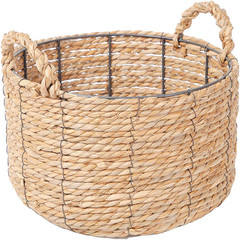 Large Round Wicker Storage Basket with Handles – 12” x 7” Water Hyacinth Bin