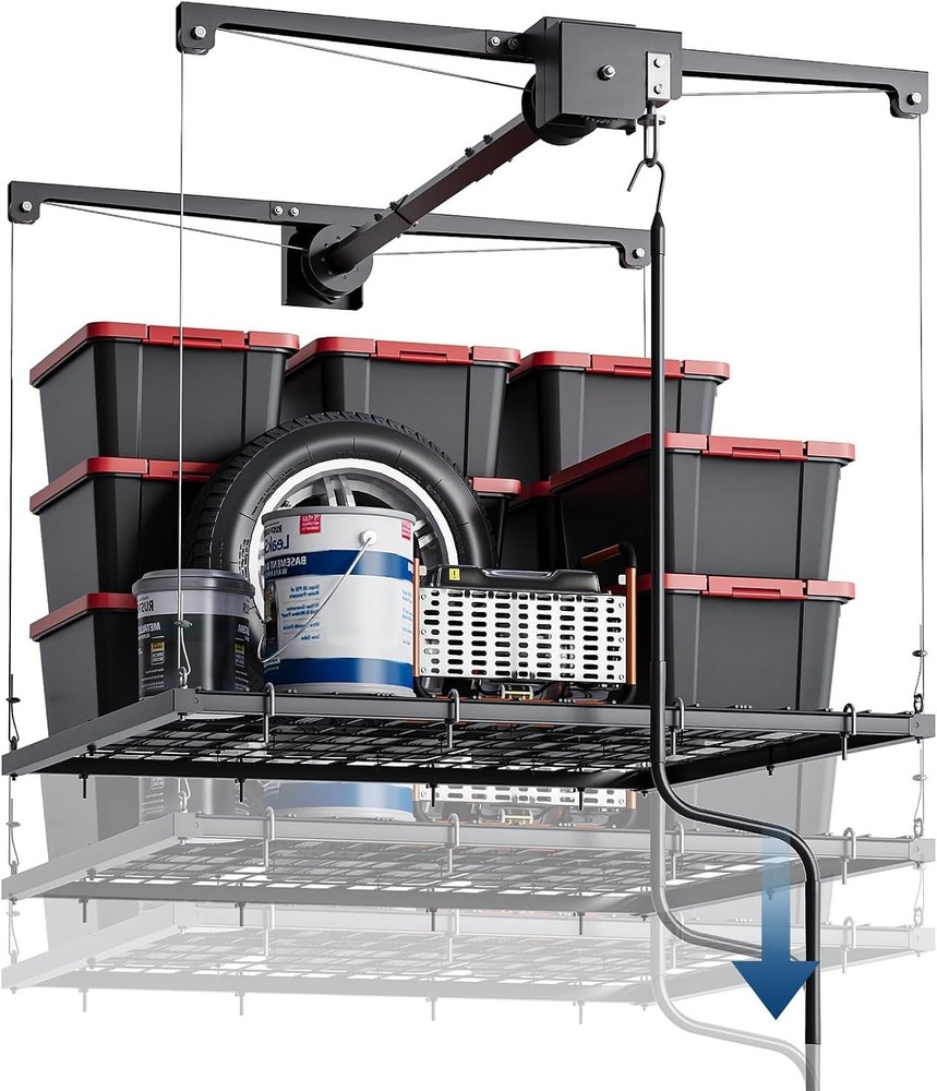 Overhead Garage Storage Rack Adjustable 4×4 ft Ceiling Mounted with Safety Lock