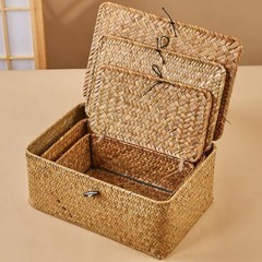 Natural Seagrass Storage Basket Set 3-Piece with Lids Handwoven Boxes