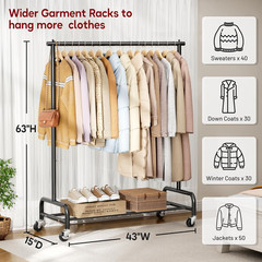 Heavy Duty Clothing Racks for Hanging Clothes Rack, 43″ Wide Rolling Garment Rac