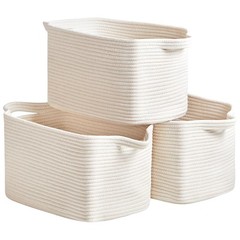 3 Packs Cotton Rope Woven Basket With Handles for Shelves -15″*10.2″*9.1″(White)