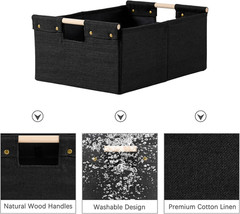 2PCS Black Cotton Linen Storage Bins with Wooden Handles – Foldable & Washable