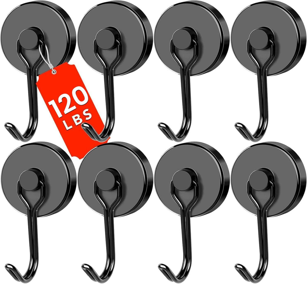 DIYMAG Black Magnetic Hooks Heavy Duty 120LBS Strong Magnets 8 Pack Swivel Hooks