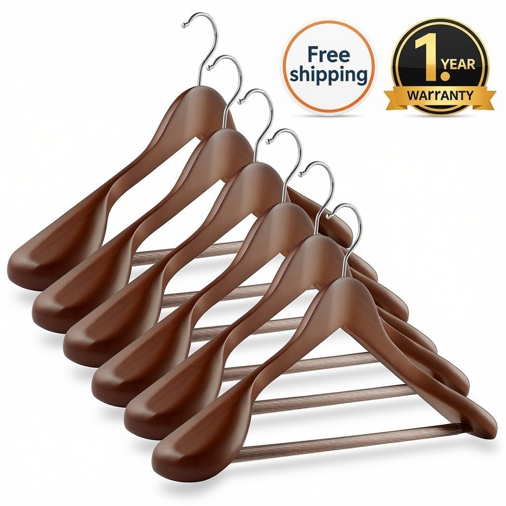 6 Wide Shoulder Wood Suit Hangers – Clothes Coats Jackets Dress Pants