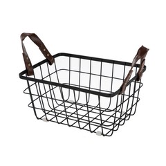 HomeZone 2 Pack Black Wire Storage Baskets with Faux Leather Handles