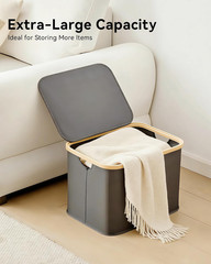 Collapsible 40L Grey Storage Basket with Lid & Handles for Home Organization