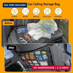 Car Ceiling Cargo Net with 3 Pockets,31.5″x21.6″ Car Overhead Storage Mesh Organ