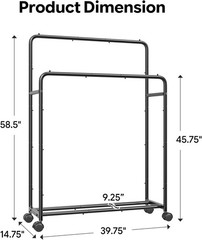 Clothing Clothes Rack Double Rods with Wheels, Rolling Metal Garment Rack for Ha