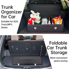 Car Trunk Organizer with Lid,Foldable Faux Leather Cargo Storage Box,3 Compartme