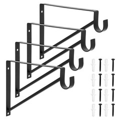 4 PCS Black Metal 12.5x1x9.5 Inch Closet Shelf Brackets With Rod Holder