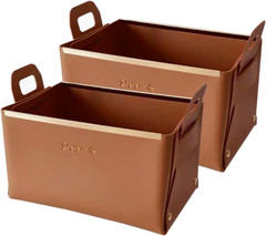 Set of 2 Caramel Faux Leather Baskets for Entryway and Dresser Organization