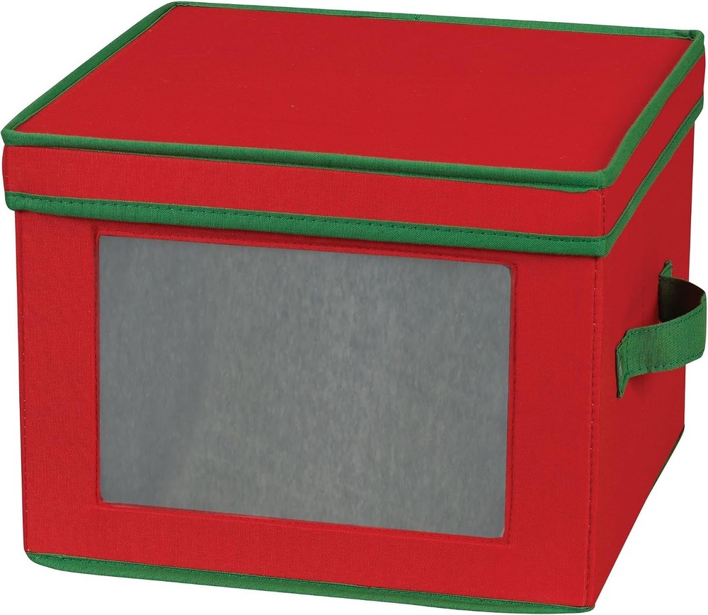 536RED Holiday China Storage Chest with Lid and Handles Dinner Plate Red Canvas