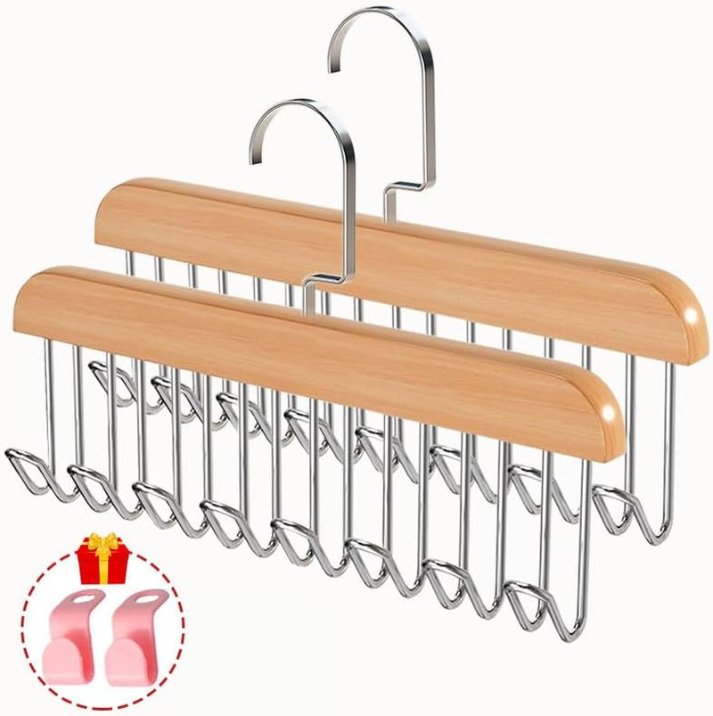 2 Pack Belt Hanger with 16 Hooks, Non-Slip Wooden Skid-Proof Belt Holder